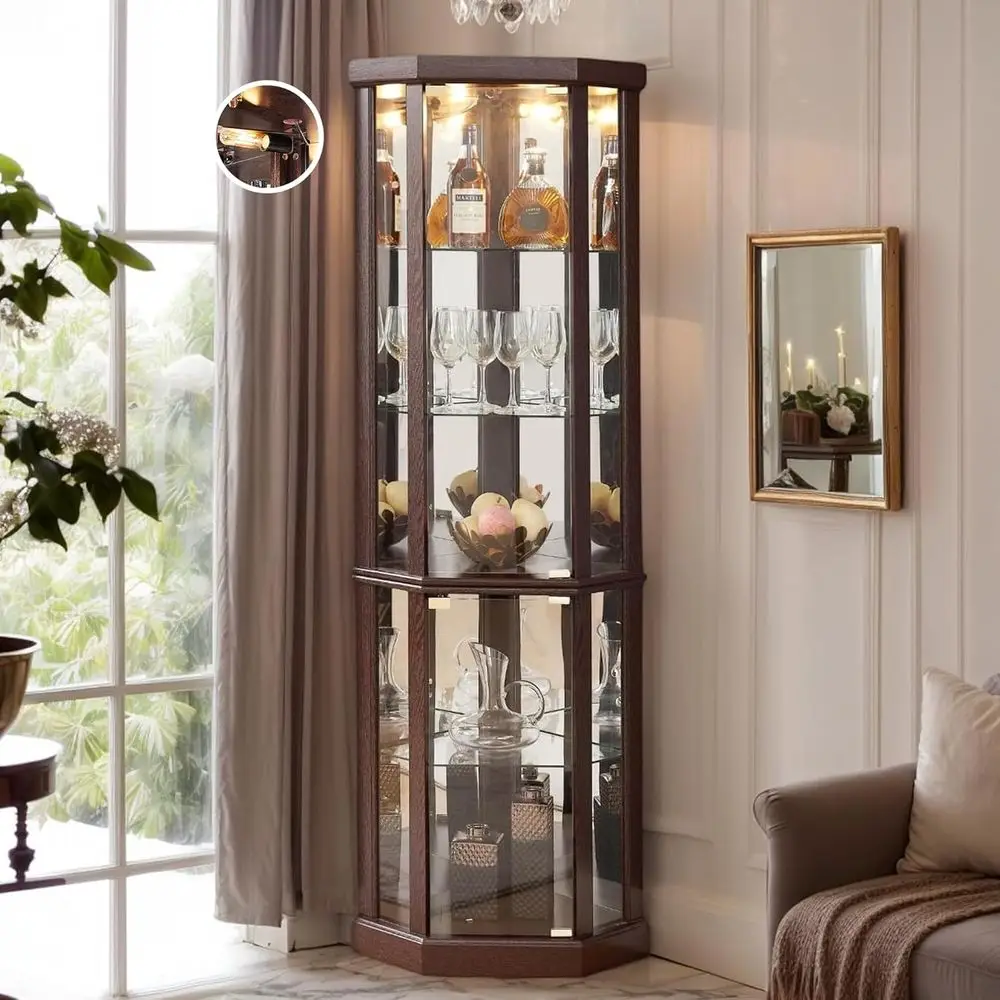 70 Glass Curio Cabinet with 5 Adjustable Shelves, Tempered Glass Door, Cherry Finish
