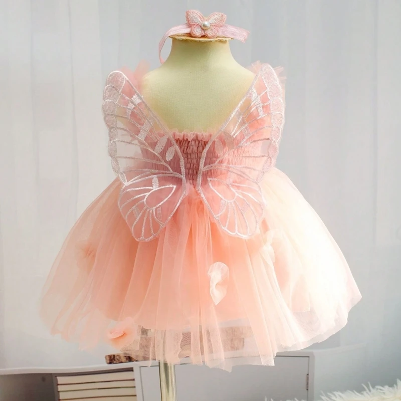 

Baby Girls Butterfly Wings Fairy Princess Dress Lovely Kids Summer Sleeveless Tulle Dress Headband Child Birthday Party Dress