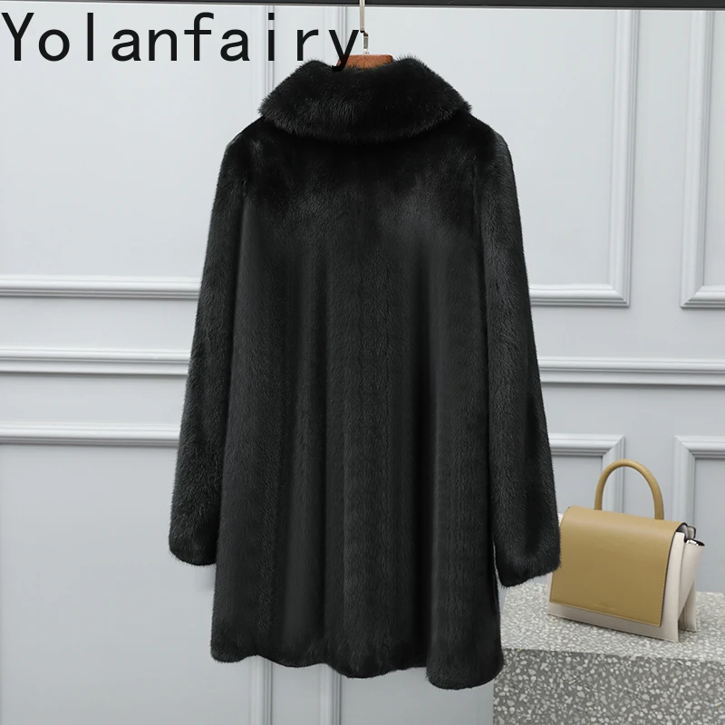 YOLANFAIRY Wysokiej Jakości Kurtki z Naturalnego Futra Norki dla Kobiet Zimowe Średniej Długości Dopasowane Naturalne Futro Płaszcz Damski Kurtka z Norki Kołnierz typu Bread Collar