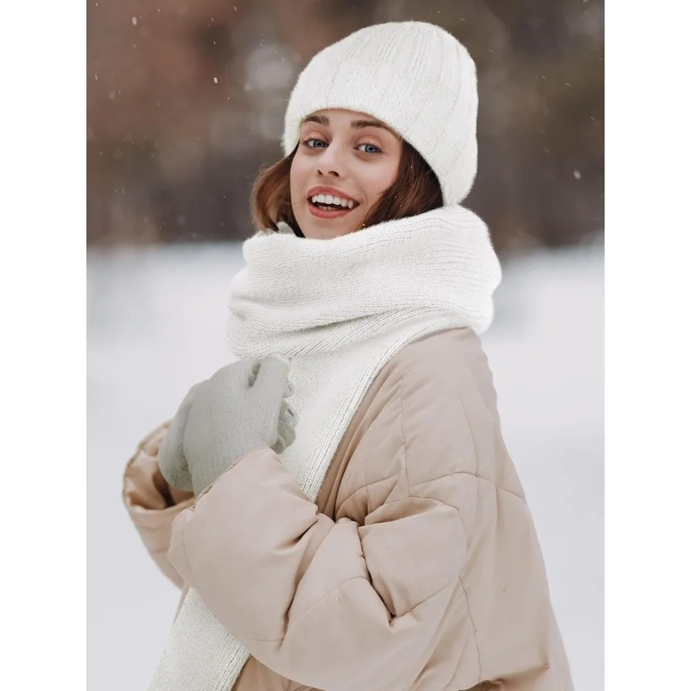 الشتاء قبعة قبعة وشاح قفازات، الدافئة الصوف متماسكة قبعة وشاح طويل الرقبة أدفأ شاشة تعمل باللمس قفازات الشتاء مجموعة هدايا للنساء