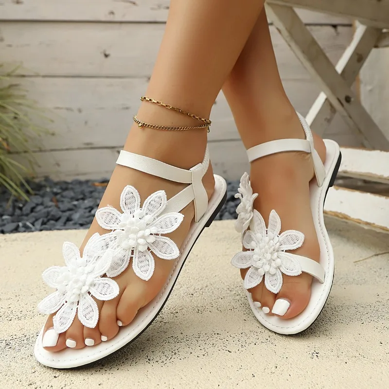 2026 Foreign Trade Summer Fairy Style Lace Flower Flat Plus Size Sandals Lightweight Women's Shoes
