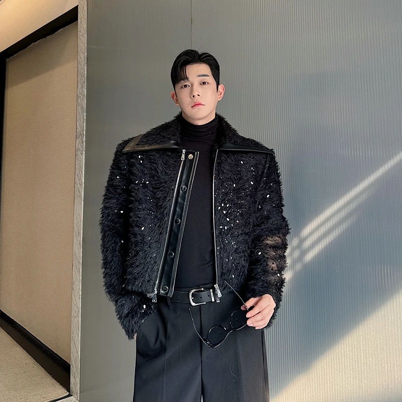 

Autumn Winter ort Plu Jaet Men's Leather Collar Flip Coat Bright adient Light Silk Tassel Jaet Youth Trendy Outerwear