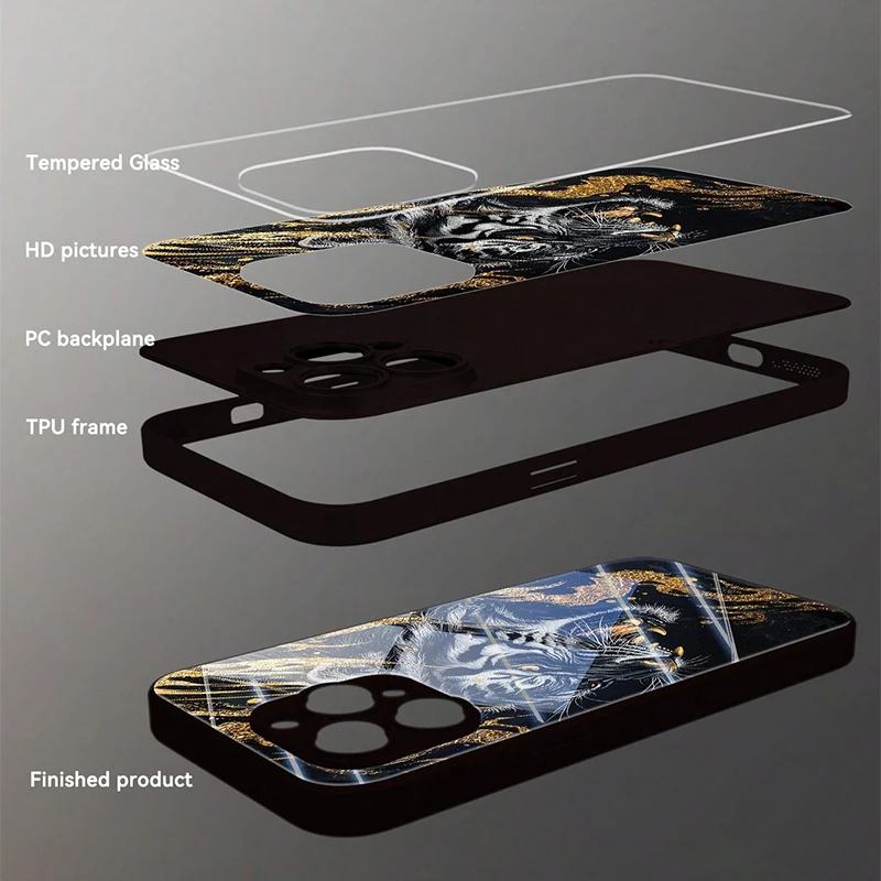 Fashion Golden Tiger Pattern Tempered Glass Phone Case For iPhone 17 16 15 Pro Max 14 13 12 11 17Air 16E 7 8 Plus XR XS X Cover