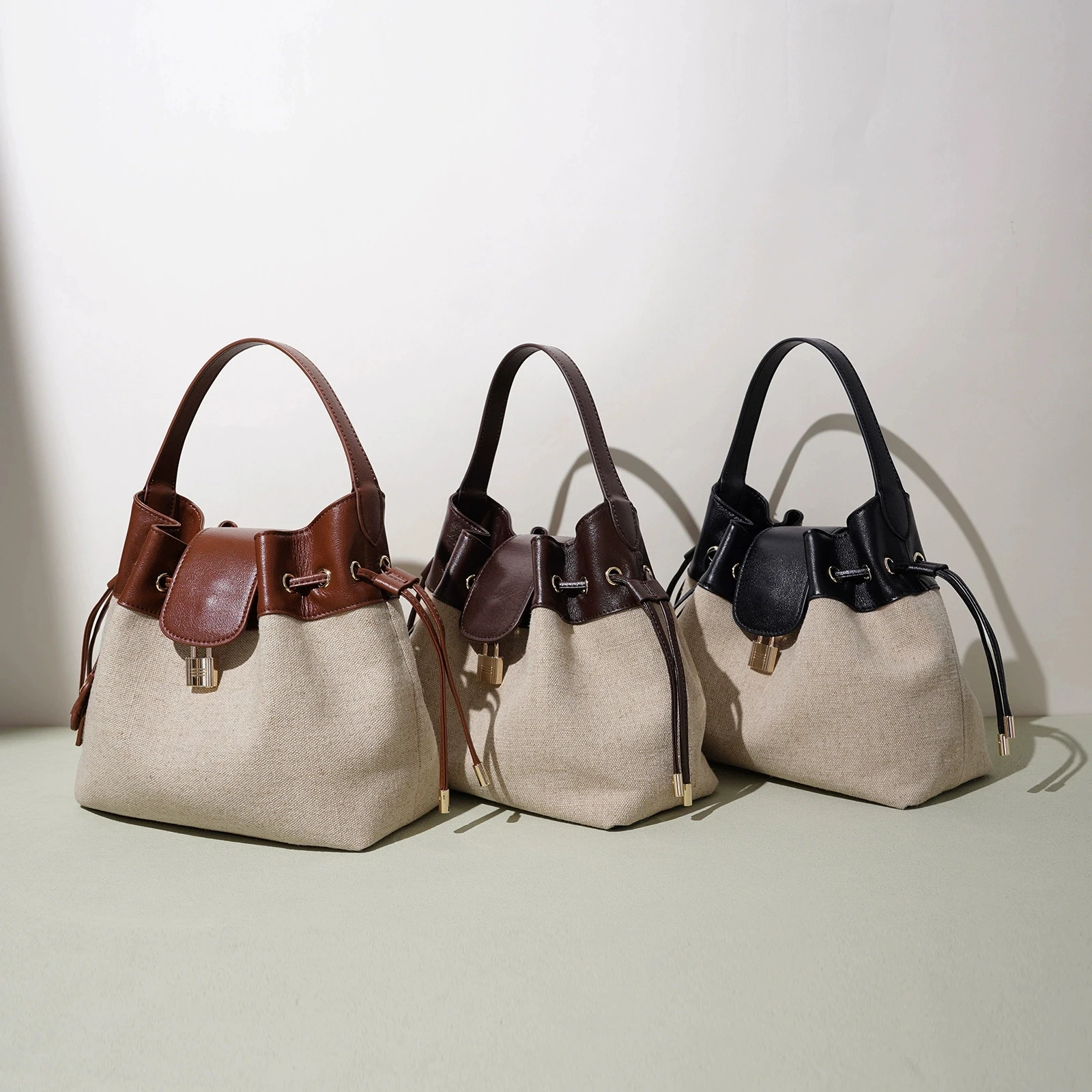 New Summer Canvas Genuine Leather Bucket Bag High Quality Women Shoulder Bags Lady Fashion Ruched String Crossbody Bags 2026