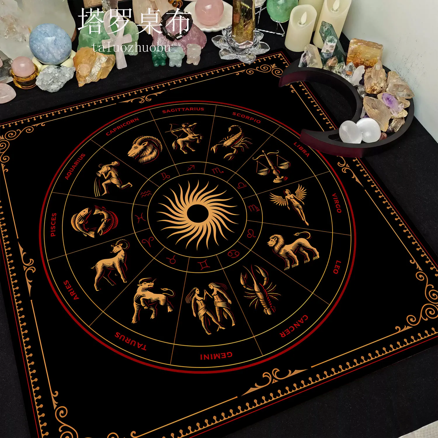 VIKAMA Gold Zodiac & Constellation Tarot Tablecloth, 6 Designs, Square Velvet Altar Cloth for Divination