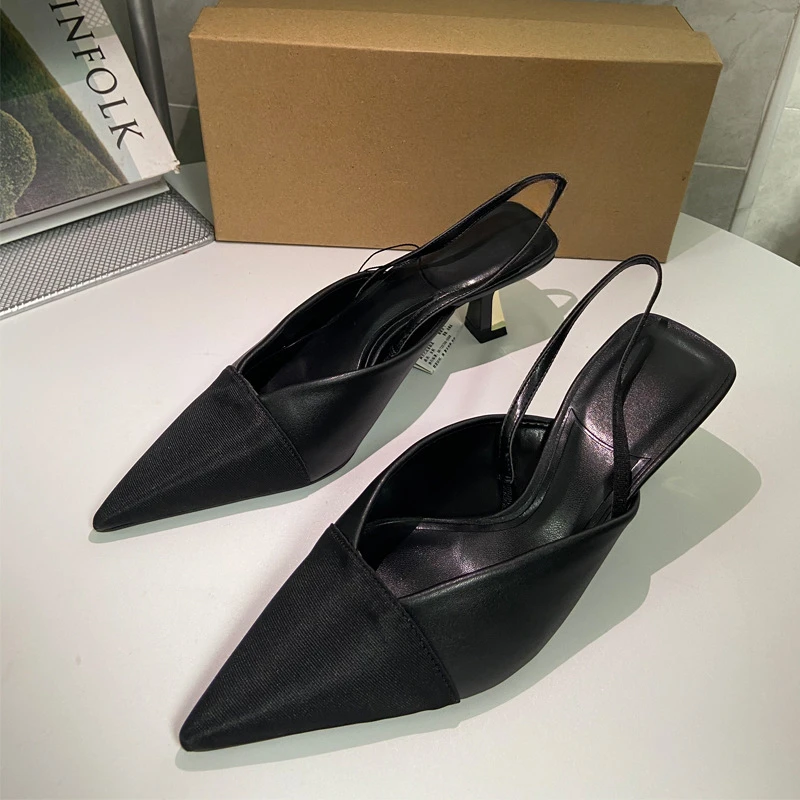 

2025 Summer Elegant Designer Women Sandals Pointed Toe Big Size Black Slingback High Heels Formal Office Ladies Dress Mule Shoes