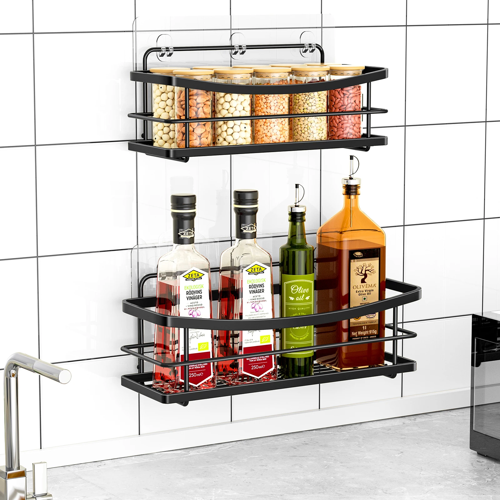 

2PCS No Drill Kitchen Shelves Black Iron Wall Mounted Spices Storage Rack Shampoo Holder Bathroom Shower Caddy Home Accessories