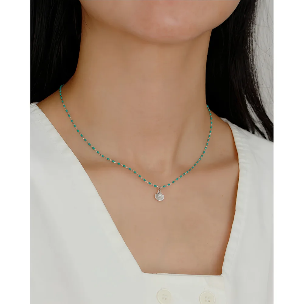 CCFJOYAS European and American Light Luxury 925 Sterling Silver Shell Pearl Pendant Necklace Women Green Enamel Chain Necklace