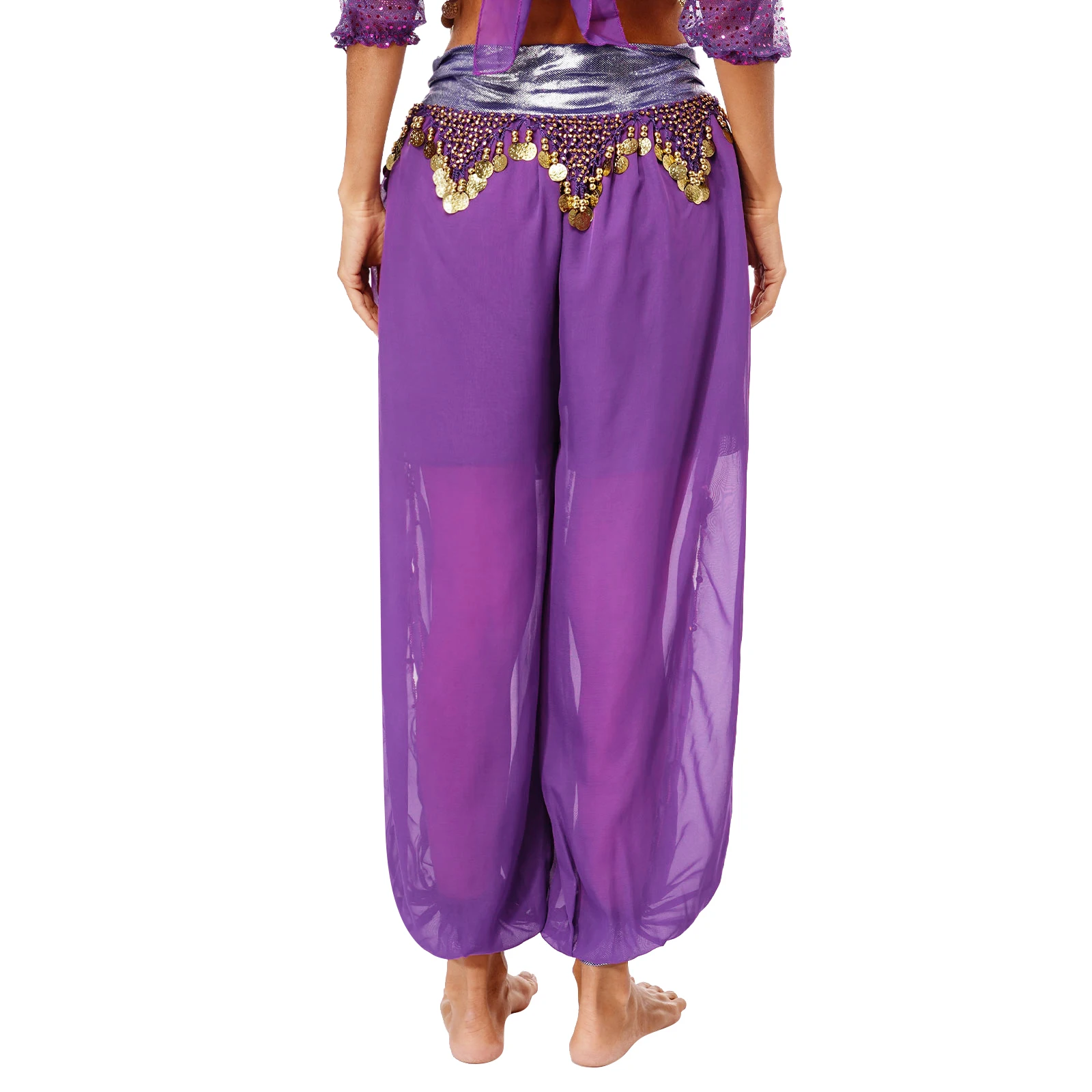 Women Chiffon Belly Dance Harem Pants Arabic Sequins Side Split Pants Fancy Dress Beads Tassels Bloomers Trousers for Bellydance