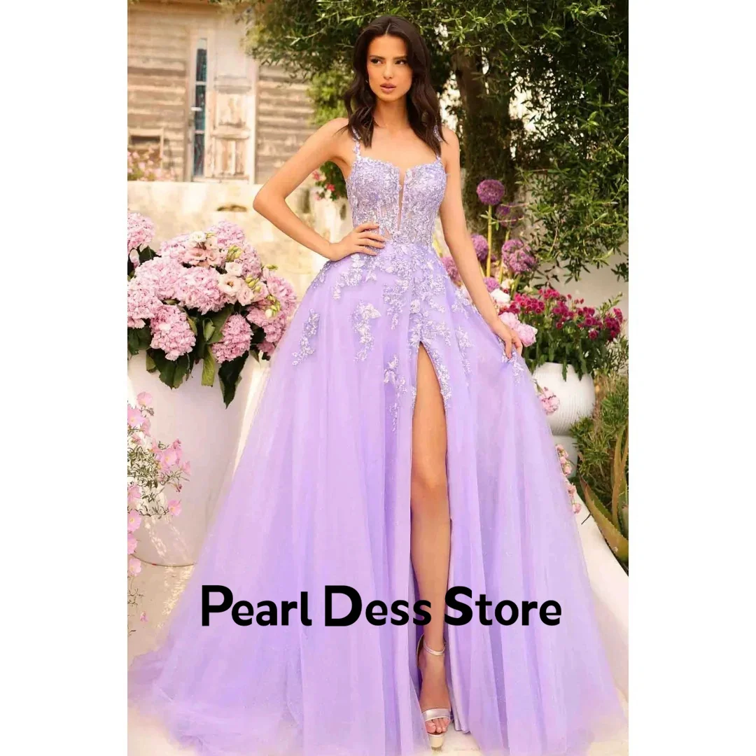 

Lace embroidered sequin sheer ball dress princess evening dress purple Vestidos De Fiesta A Line 2024