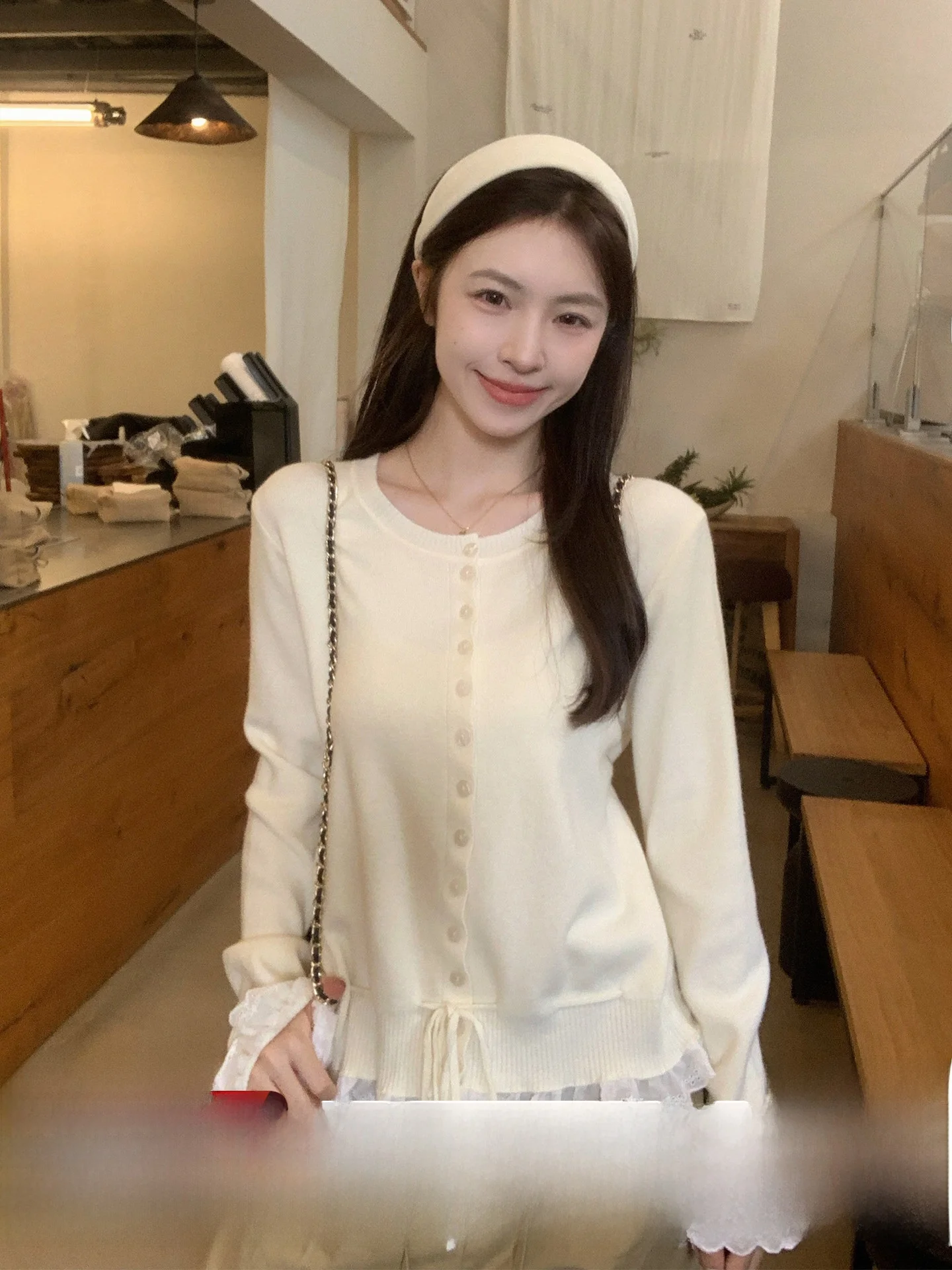 

Вязаный кардиган Morning Bloom с кружевной отделкой, женский, осенне-зимний, модный, для ношения под одеждой, базовый топ, корейский стиль, мягкий, L