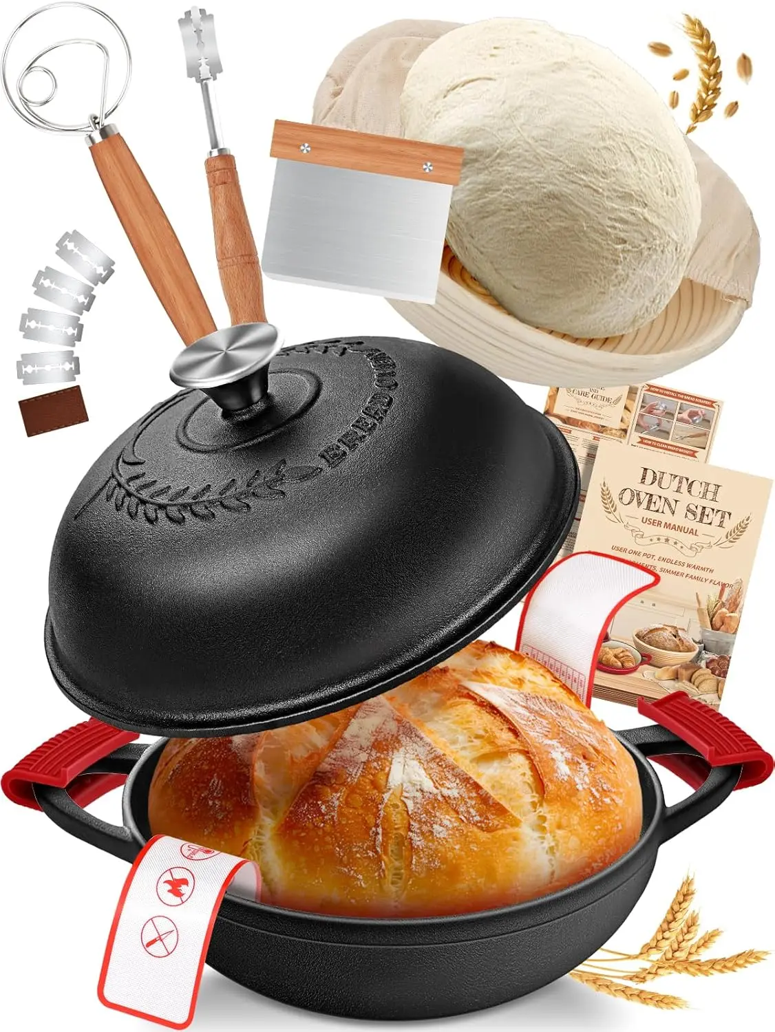 

Эмалированная чугунная голландская духовка 6QT с крышкой и полным набором для выпечки на ударе для ремесленного хлеба