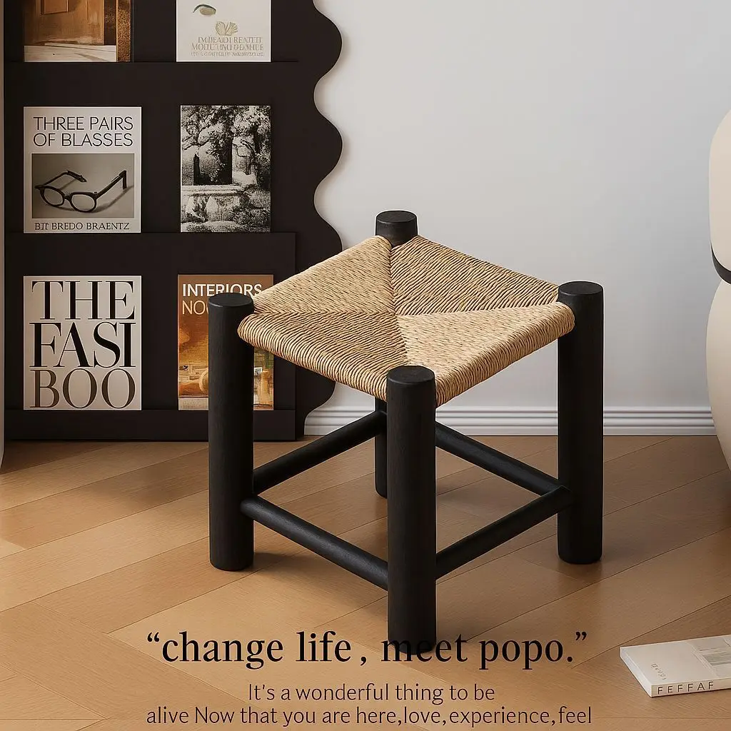 Stool rattan retro low stool solid wood shoe changing stool simple home living room back chair coffee table