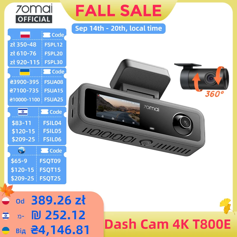 70Mai 4K T800E 3-in-1 Dash Cam Front Rear Interior F/1.55 Night Vision Supercapacitor Gps Voice Control Car Dvr 70Mai T800E