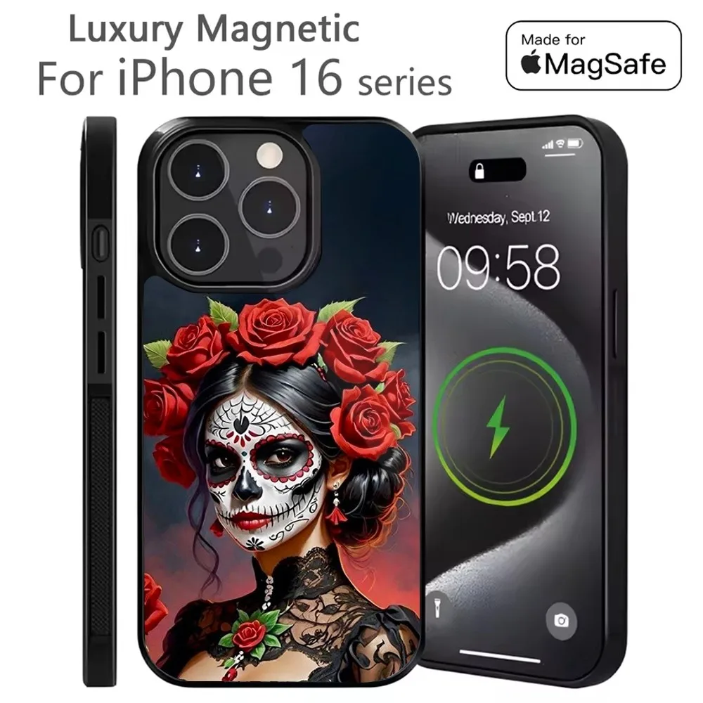 

Mexican Catrina Skull Phone Case For iPhone 16,15,14,13,12,11,Plus,Pro,Max Mini Magsafe Magnetic Wireless Charging