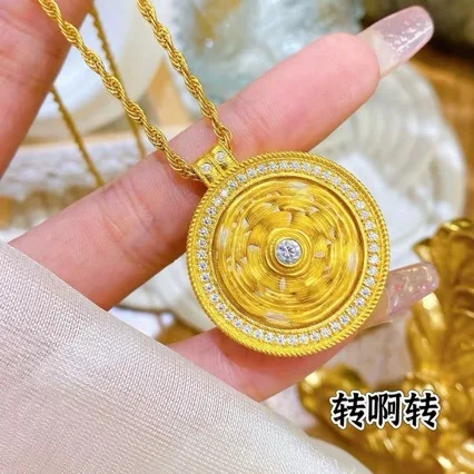 Womens 18K gold necklace, gold and diamond rotatable pendant AU750 square vajra compass pendant necklace