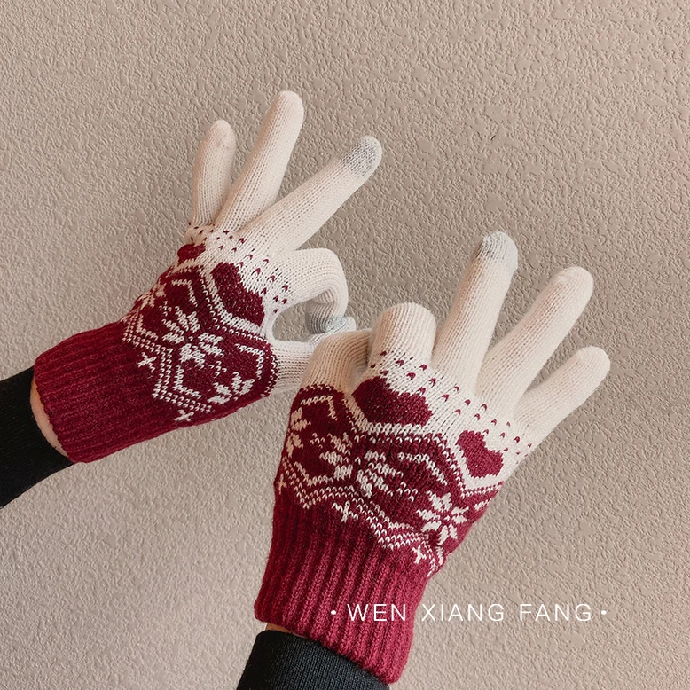 

Gloves winter for women cute warm plus velvet simple knitted wool five-finger cycling men