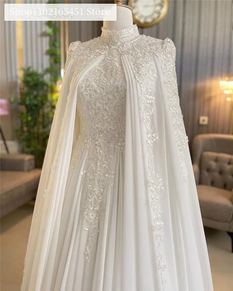 Princess Muslim Wedding Dresses with Cape Chiffon Lace Bride Dress Sequins Appliques Country Bridal Gowns Robe De Mariage