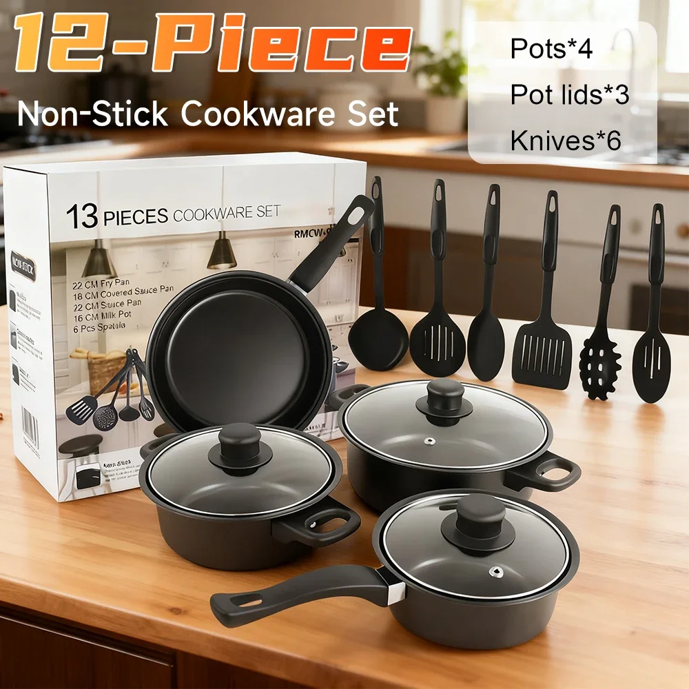 12-Piece Non-Stick Cookware Set Milk Pot Maifan Stone Frying Pan Lid Cooking Set Pot Stackable for All Hob