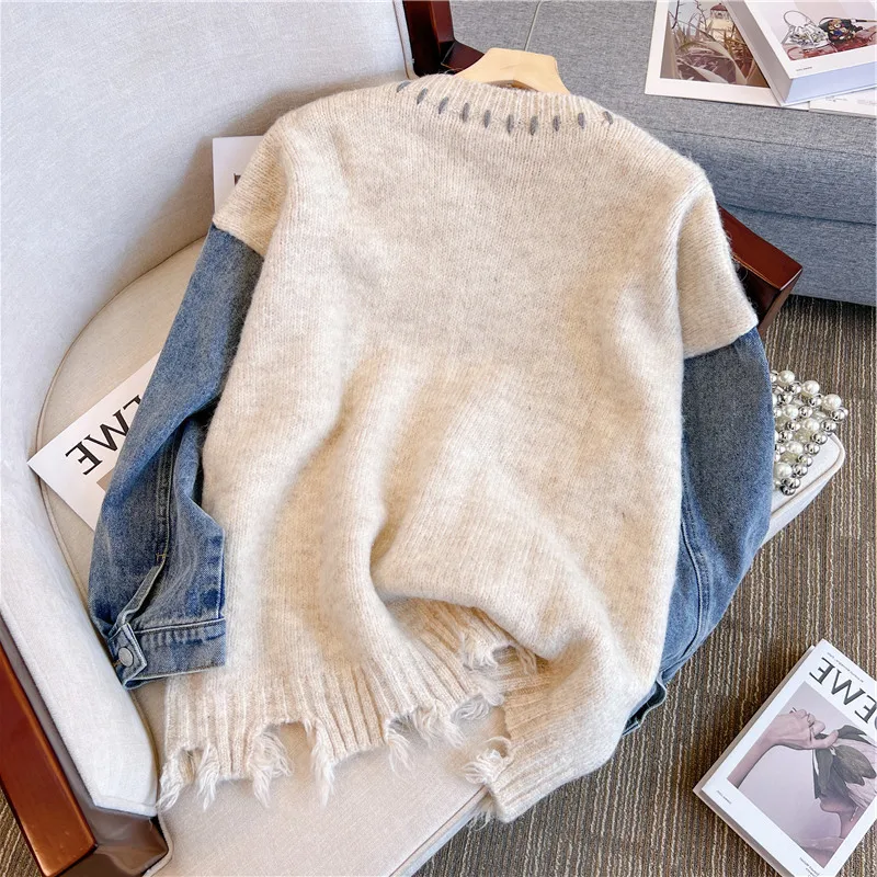 Autumn Winter Fashion Round Neck Patchwork Denim Sweater Top Women\'s Vintage Y2K Knitting Long Sleeve Casual Pullovers