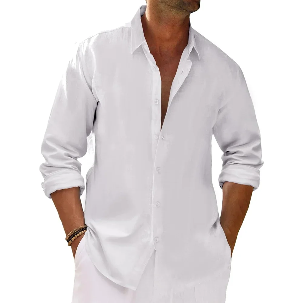 

Spring Summer Long Sleeve Shirts for Men Cotton Linen Causal Simple Basic Style Solid Color Lapel Collar Single Breasted Tops