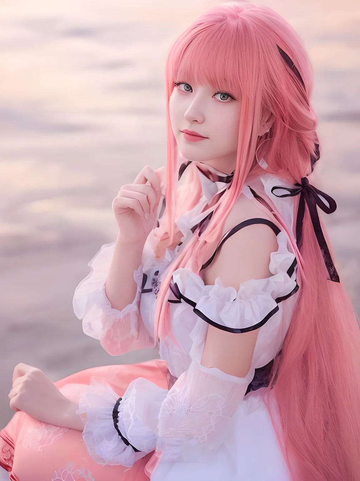 Game Infinity Nikki Cosplay Wig Mixed smoke pink long hair Synthetic Wig+Wig cap Party Halloween Wig