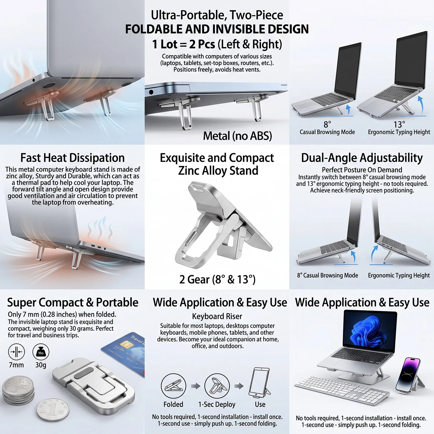 2PCS Mini Foldable Laptop Stand 2 Adjustable Angles Self-Adhesive Invisible Notebook Stand Portable Computer Keyboard Riser Base