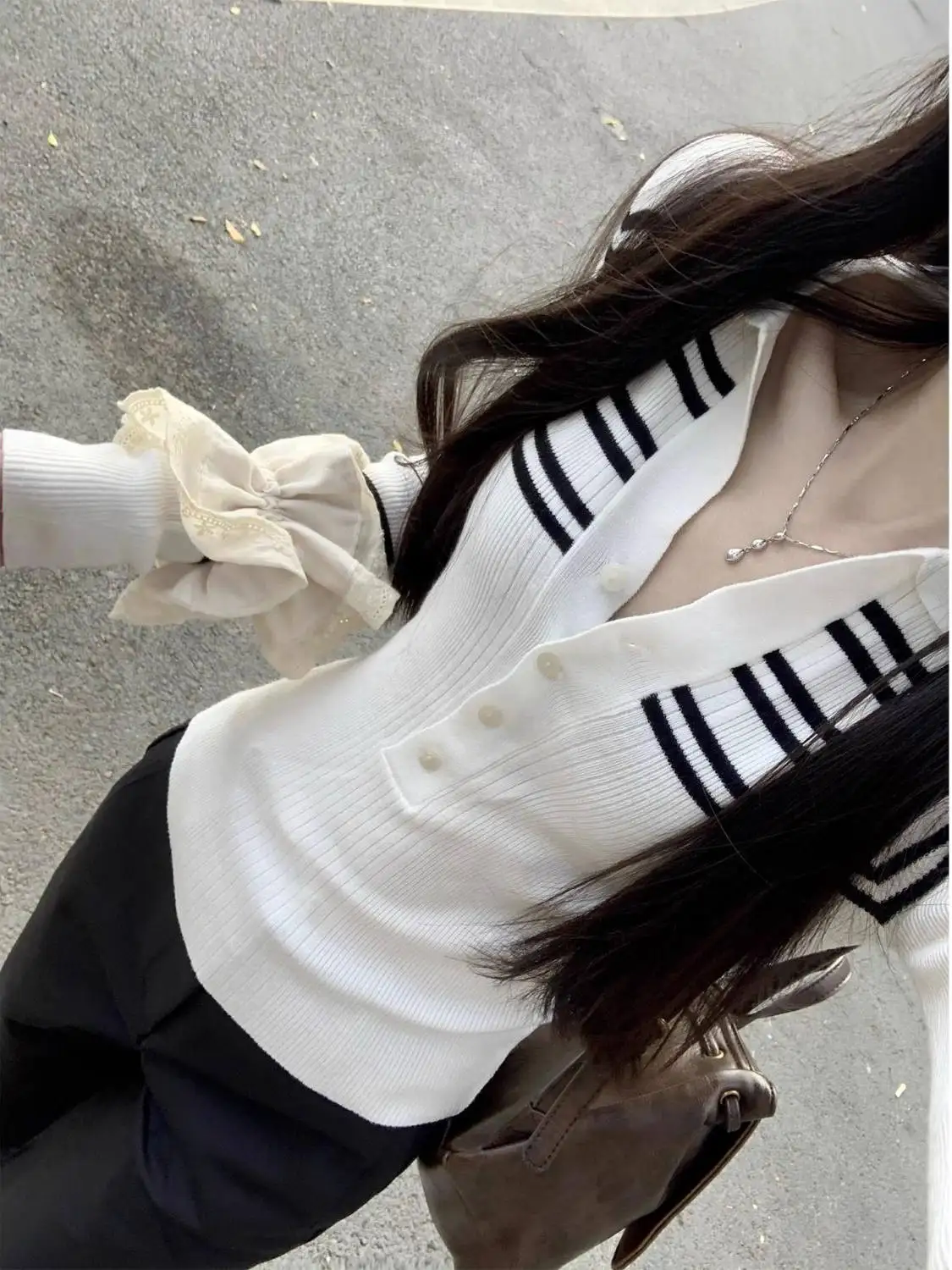 

Color Blo Striped Knitted Long Sve T-irt Base irt Women's oulder Fit f Open Collar High End Feeling Top
