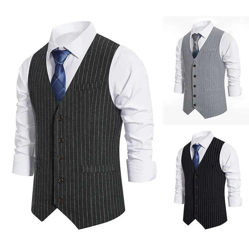 New Men\'s Stripe Vest Suit Vest Single breasted Designer Brand Sleeveless Formal Coat Top Adult Dress Tuxedo