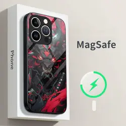 Japan Samurai Oni Mask Phone Case for iPhone 15 Pro Max 14 Plus 12 Mini 11 13 14 Pro Max Magsafe Wireless Charge Glass Cover