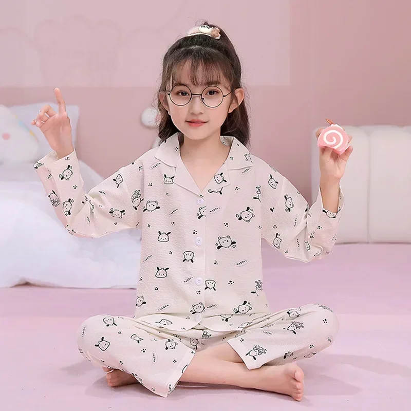 Sanrio jade canela cão outono novo algodão puro longo conjunto de duas peças pijamas femininos das crianças pijamas de seda loungewear feminino