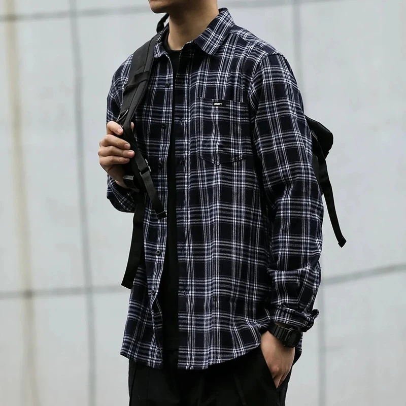 Chemise à carreaux Vintage pour hommes, chemisier ample à simple boutonnage, décontracté, Streetwear américain Y2K, manches longues, hauts à revers, nouvelle collection printemps