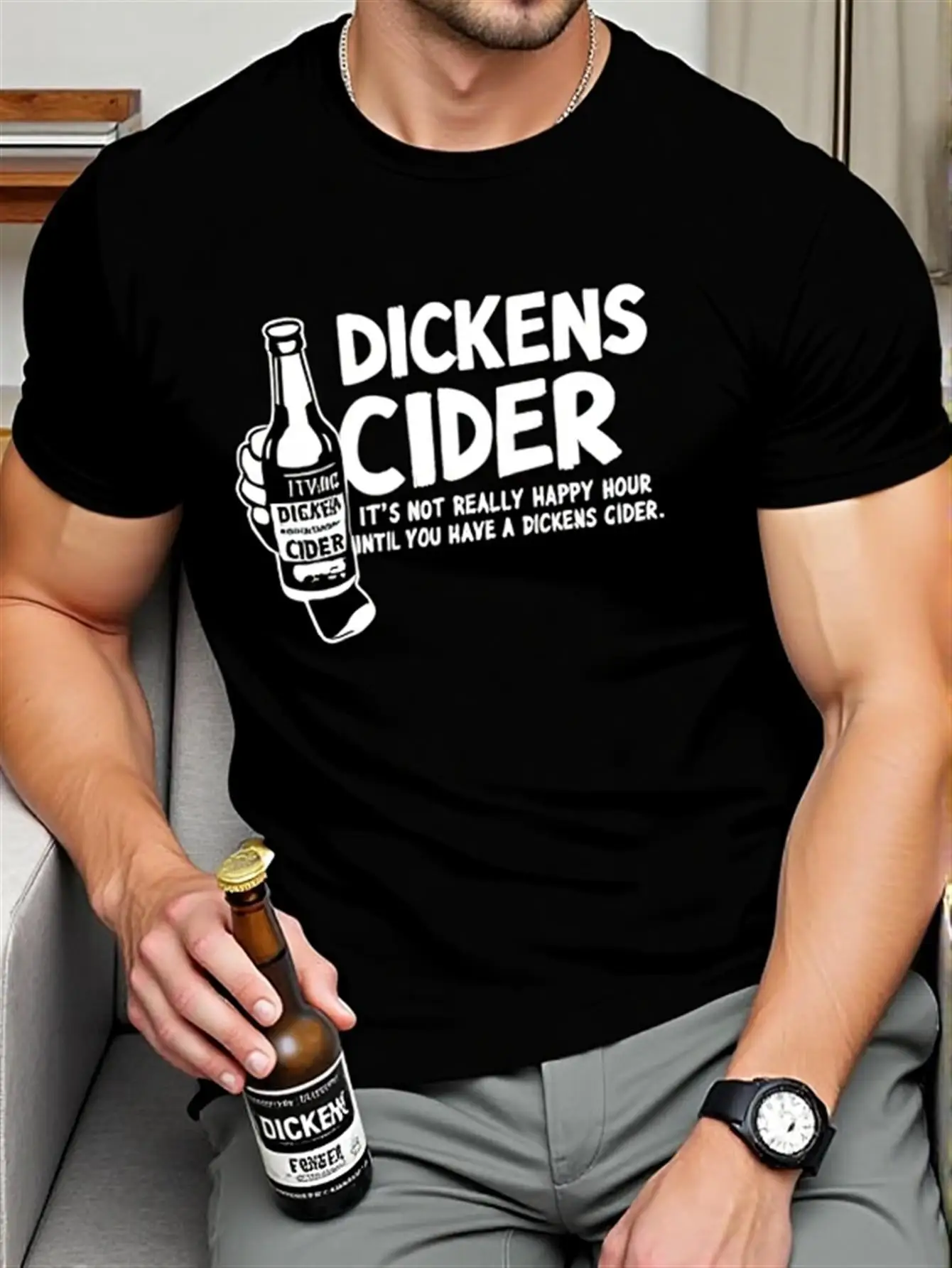 Men's Deginns Apple Cider Graphic T-Shirt - Round Neck T-Shirt Featuring Deginns Apple Cider Bottle Design and the Slogan 