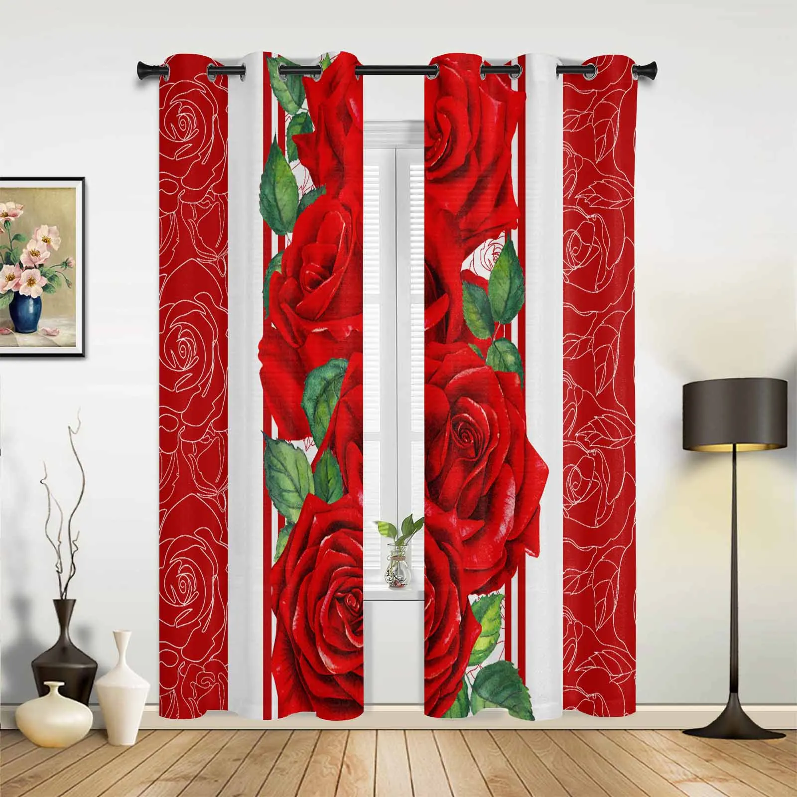 Valentine'S Day Rose Red Grommet Curtains for Bedroom Living Room Home Decor Window Treatments Drapes