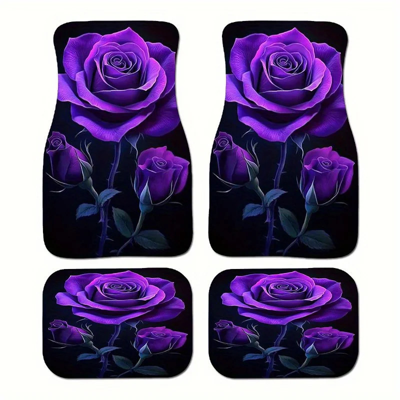 4pcs Luxury Purple Rose Car Floor Mats | Crystal Velvet Fit, All-in-One Pedal-Saving Design, Easy-Clean, Polyester, Universal Fi