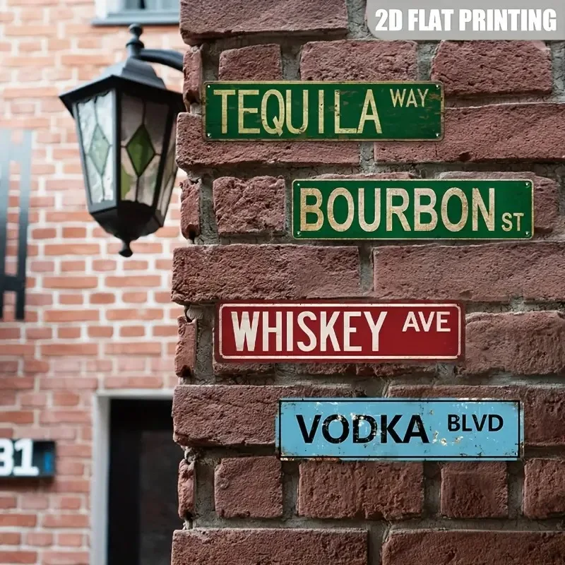 2D Plane - 4pcs Retro Wooden Sign Set, Including Street Names Such As Vodka Avenue, Whiskey Street, And Tequila Road
