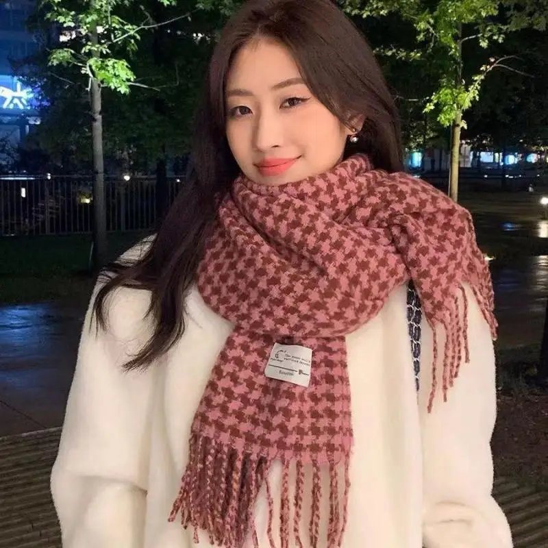 

Новый клетчатый кашемировый шарф с узором «гусиные лапки» для женщин, теплые толстые длинные женские шали и шарфы из пашмины, бандана, зимние шарфы с кисточками