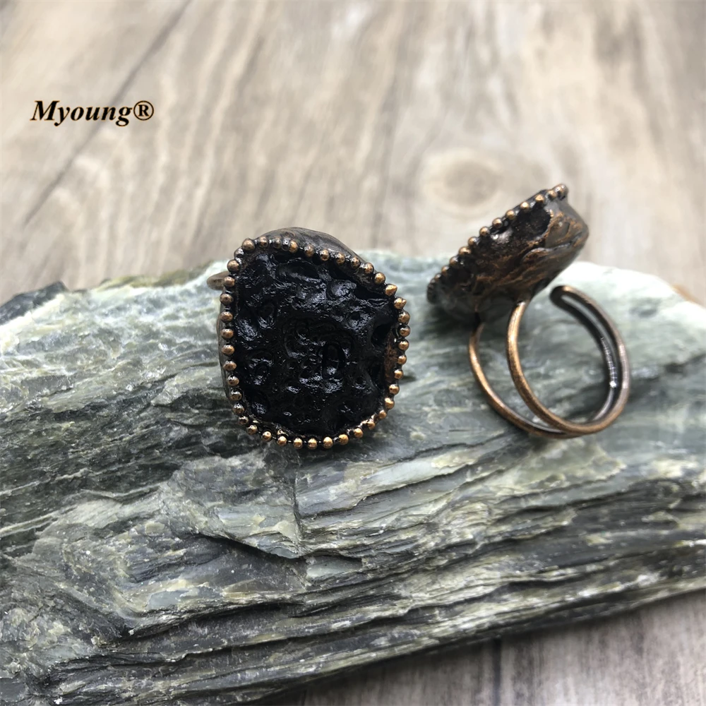 10PCS Wholesale Hand Soldered Freeform Natural Black Meteorolite Quartz Stone Adjustable Rings Boho Women Jewelry MY220749