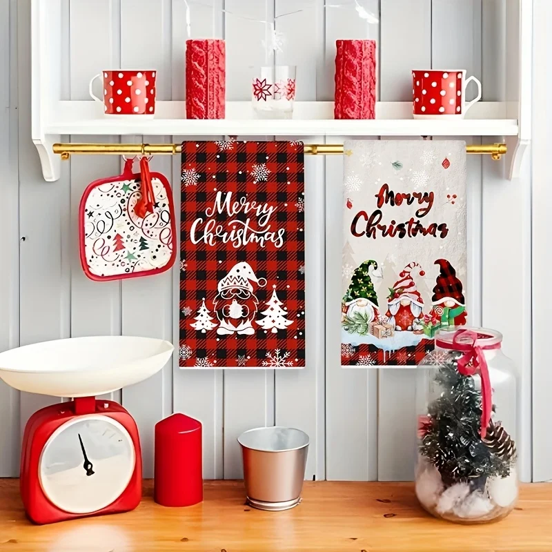 2Pcs Christmas Gnome Tea Towels Buffalo Plaid Snowflake Print Merry Christmas Dish Towel Kitchen Hanging Towel Xmas Home Decorat