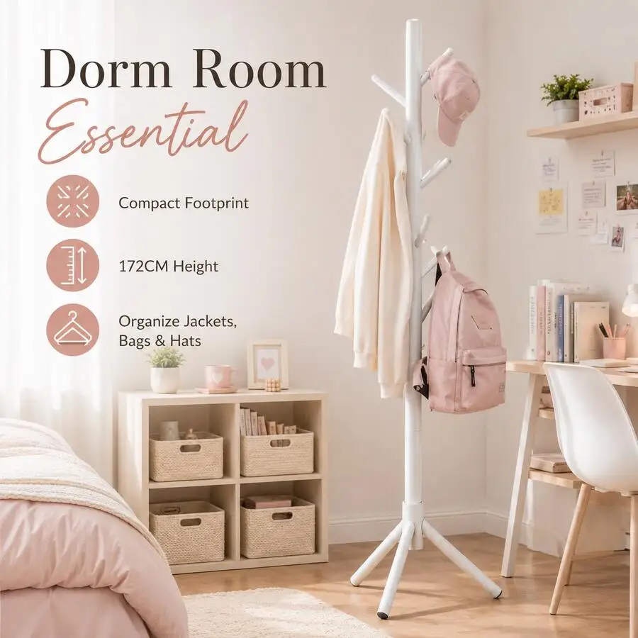 Freestanding Wooden Tree Coat Rack With 8 Hooks, 172CM Tall Entryway Organizer With Stable 3-Leg Base, Easy Assembly For Coats,