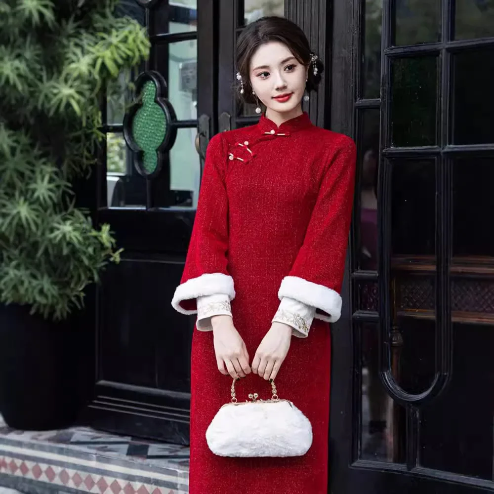 

Wine Red Cheongsam 2024 New Autumn/Winter Long Sleeve Thickened Warm Temperament Noble Embroidered Chinese Style Qipao Dress