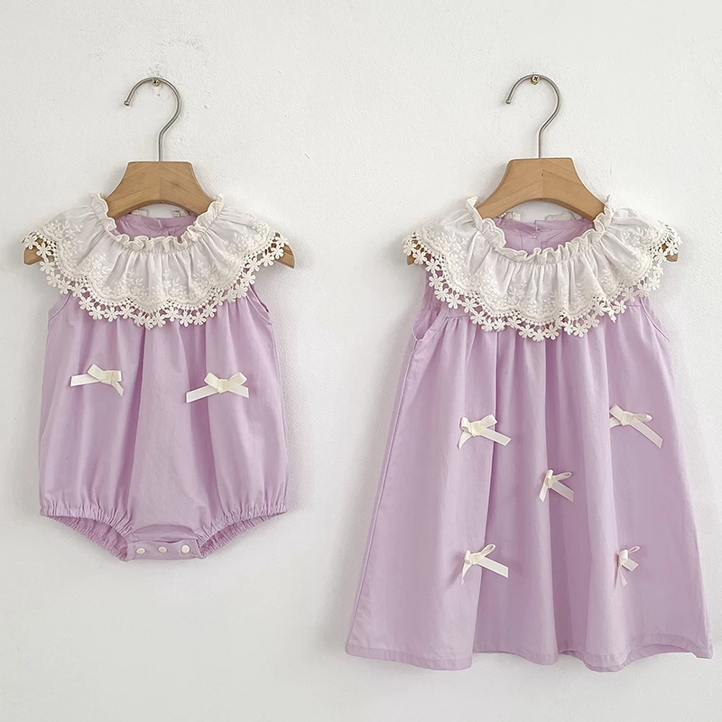 Sisters Lace Petal Collar Dress Baby Rompers Girls Clothing Summer Sisters New Bow Party Princess Dress Sweet Cute Kids Clothes