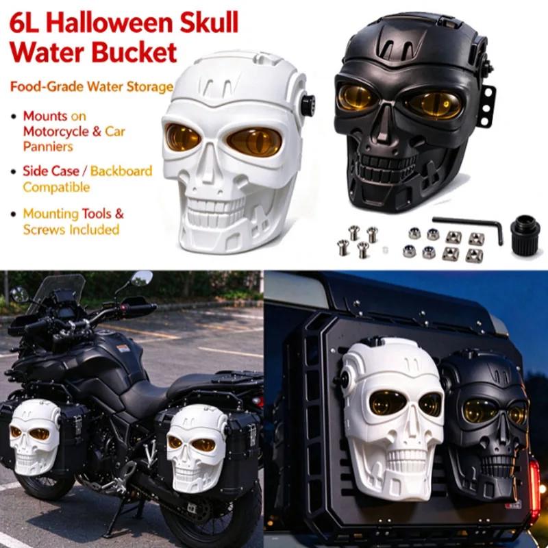 Halloween Themed 6L Skull Shape Water Tank Storage Bucket Outdoor Storage Bucket for Car Camping Travel Use For Motorcycle Fans