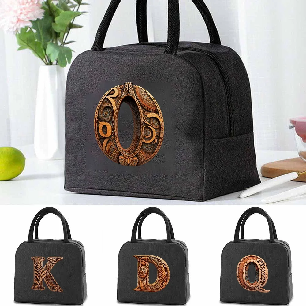 Travel Insulated Box Lunch Box Picnic Portable Lunch Bag Cooler Tote Hangbag Wood Art Letter Pattern Thermal Food Container