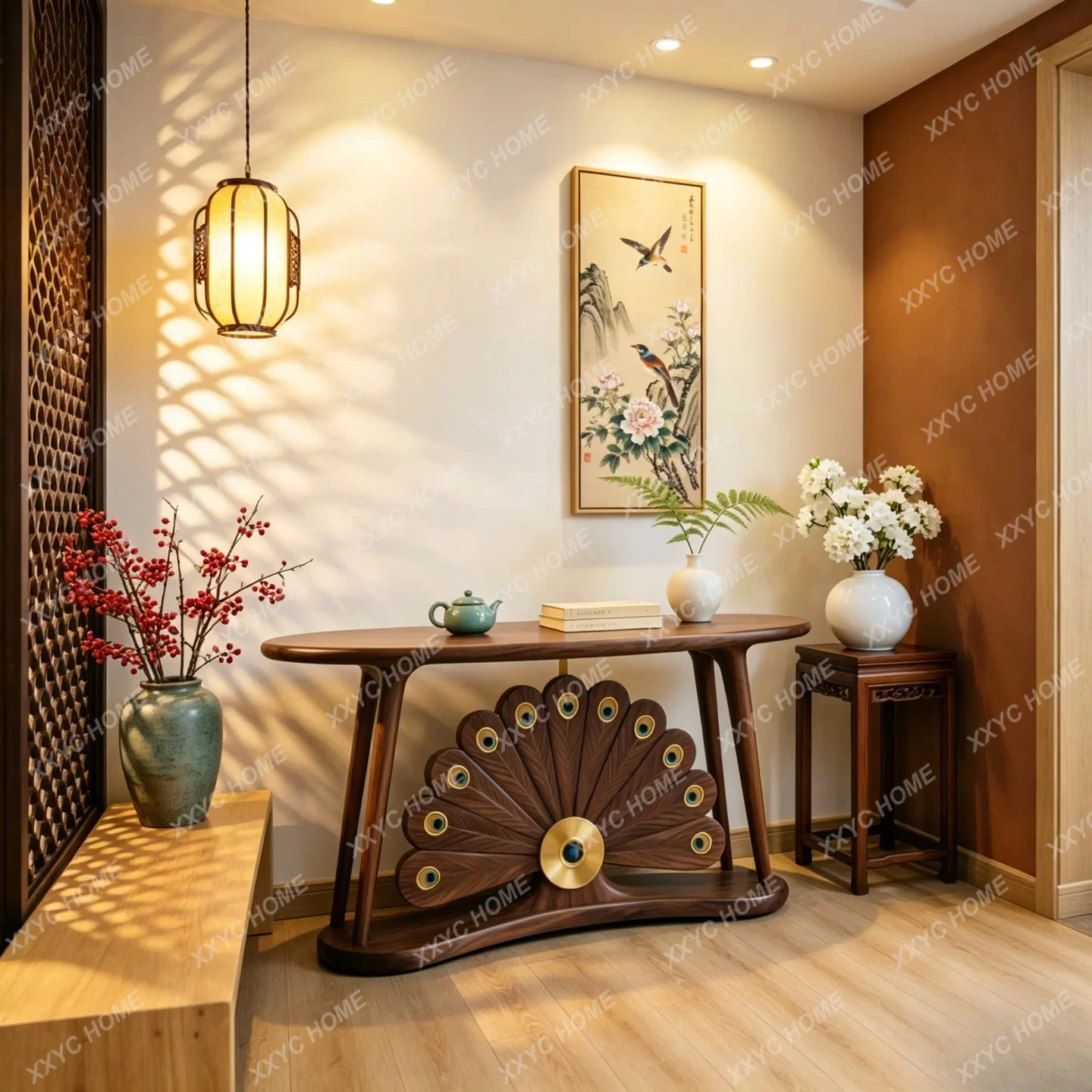 XXNew Chinese Ebony Wood Xuan Guan Platform Multifunctional Art Decoration  Vertical Peacock Open Screen Decoration Table
