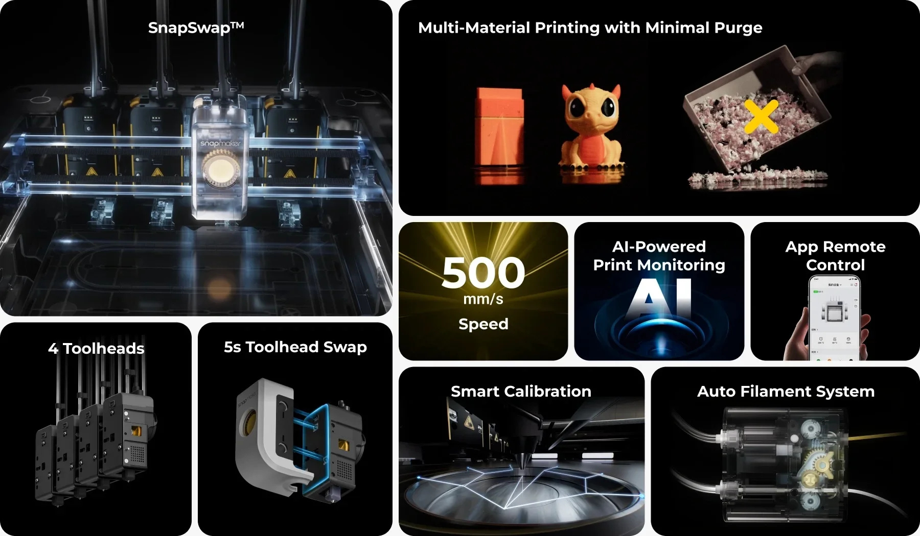 Snapmaker U1 FDM 3D Printer 4 Head Multi Color High Speed 5 Second Quick Swap Head Material Saing 3D Printer