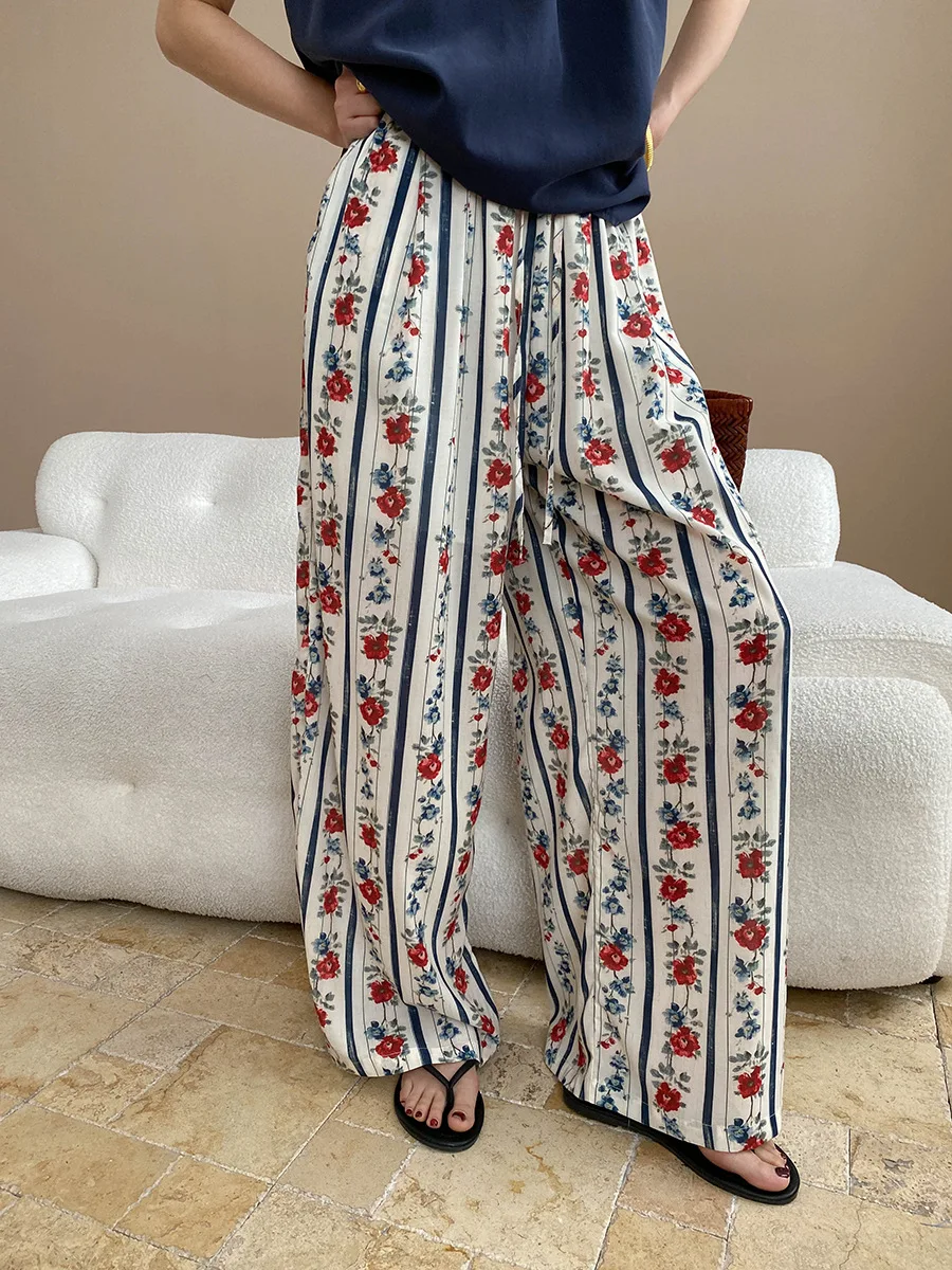 

Summer women's casual flower print high waisted loose wide leg pants