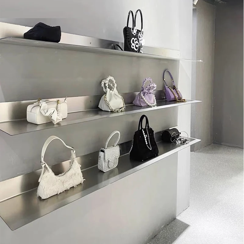 

Stainless Steel Wall Display Shelf Modern Storage Rack for Shoes Bags Horizontal Exhibition Board Space-Saving Store Organizer