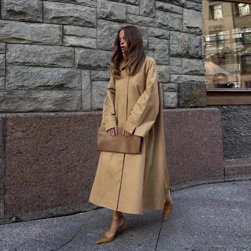 

2024, весна-осень, новый супер свободный длинный плащ цвета хаки с отложным воротником, женская мода, универсальная элегантная верхняя одежда