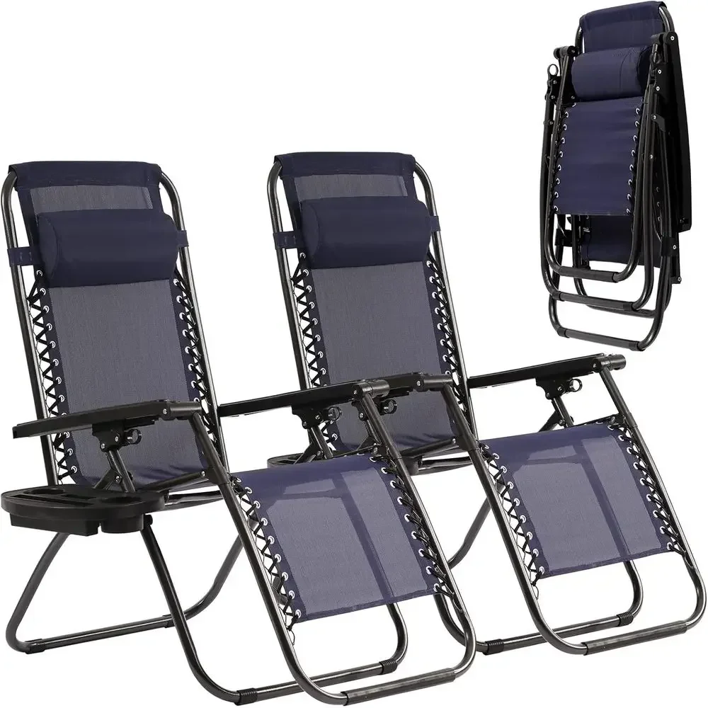 

Pair of Zero Gravity Reclining Lounge Chairs with Pillows and Cup Holders - Ideal for Outdoor, Beach, Poolside, and Camping (Blu